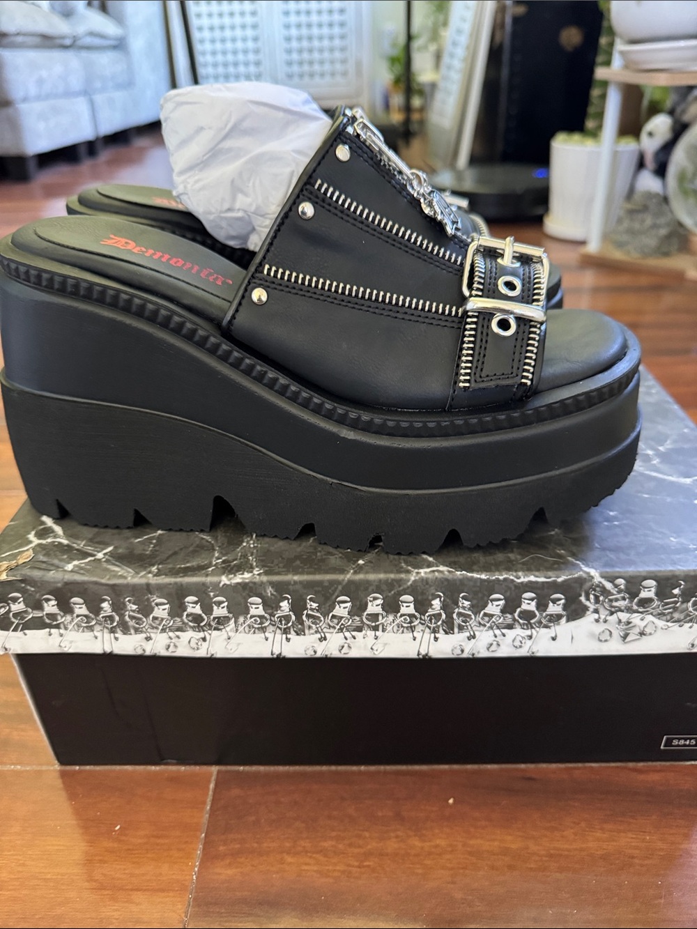 Demonia Black Platform Slide Sandals with Silver Buckles and Chain NWOT